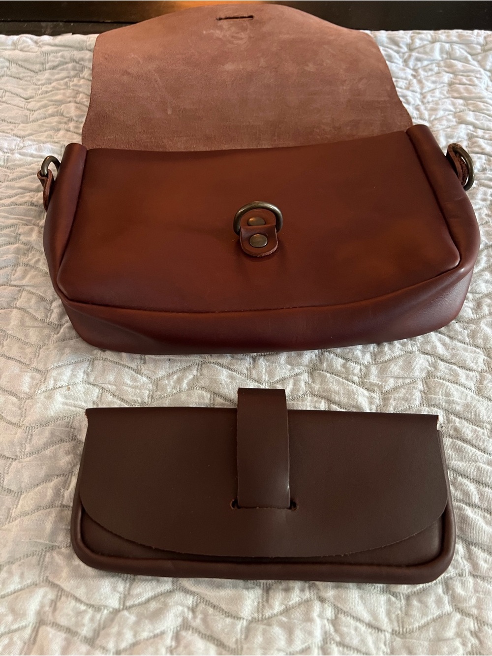 Leather Crossbody Bag / Buckle Strap, matching Eye glass holder New never used - Picture 3 of 10